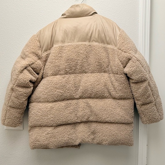 ASOS DESIGN Faux Leather Patched Fleece Puffer Jacket – Stone, Size 10 - Picture 5 of 7